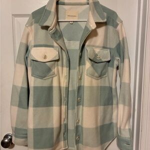 Plaid Button-Up Fleece Shacket in Seafoam Green and Cream